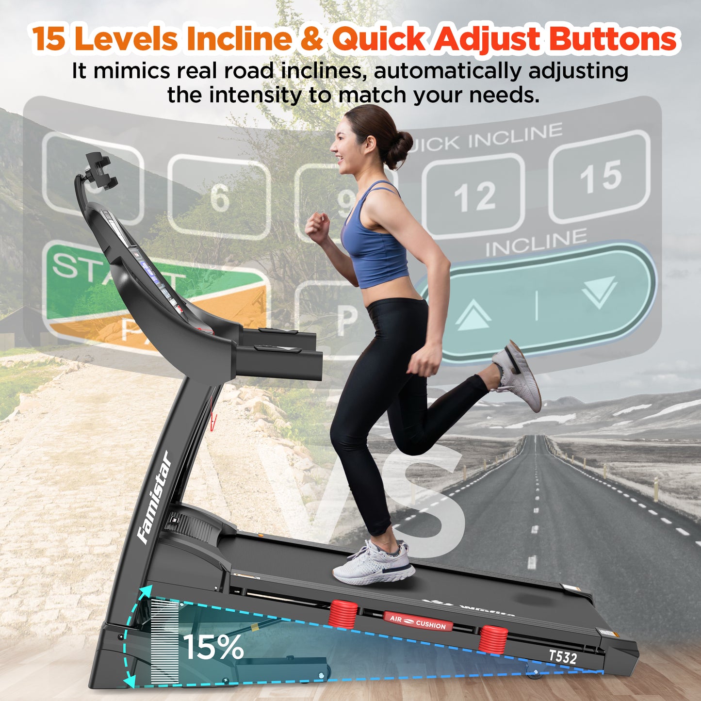 Famistar 5.1HP Folding Treadmill for Home with 15% Auto Incline, 300 LB Capacity, Portable Foldable Treadmill, FREE APP Control, Adjustable iPad Holder, 10MPH Speed, 71 Programs, Knee Strap Gift